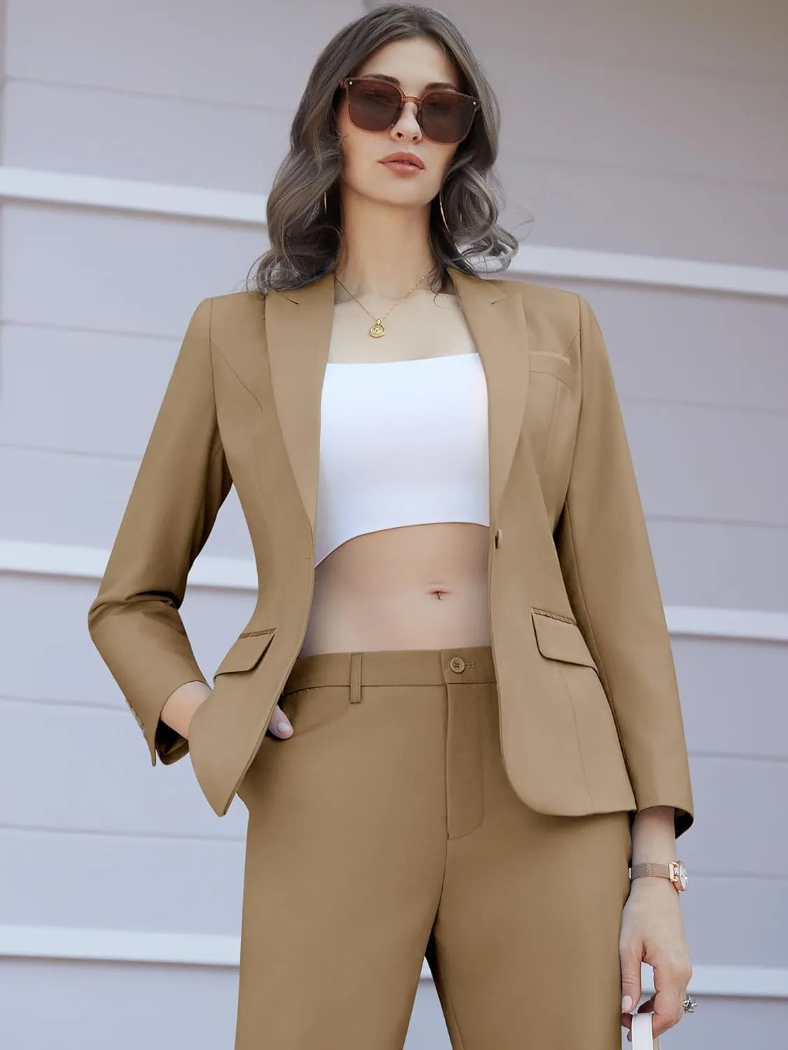 Women's 2 Piece Business Office Suit Lady Peaked Lapel Slim Fit One Button Blazer Jacket and Pants Set
