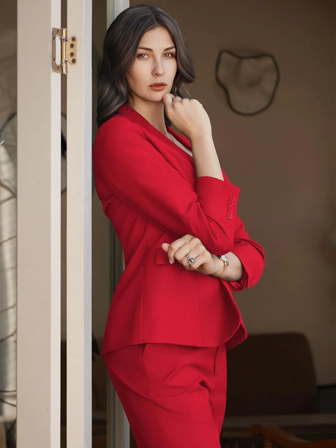 Women's 2 Piece Business Office Suit Lady Peaked Lapel Slim Fit One Button Blazer Jacket and Pants Set
