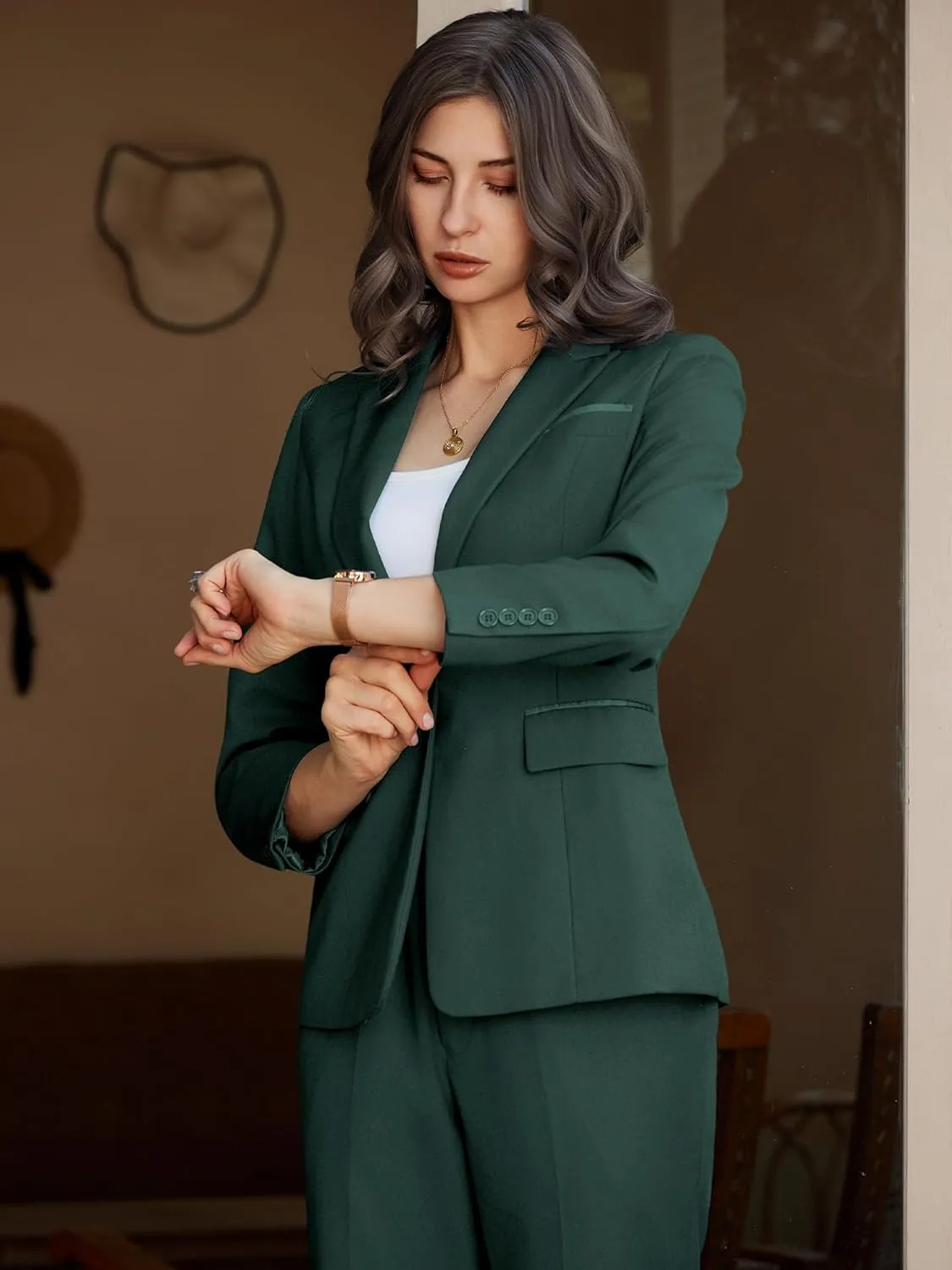 Women's 2 Piece Business Office Suit Lady Peaked Lapel Slim Fit One Button Blazer Jacket and Pants Set