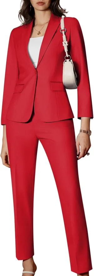 Women's 2 Piece Business Office Suit Lady Peaked Lapel Slim Fit One Button Blazer Jacket and Pants Set