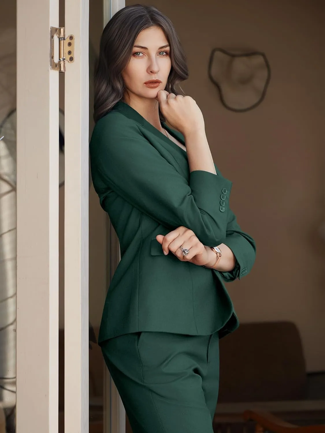 Women's 2 Piece Business Office Suit Lady Peaked Lapel Slim Fit One Button Blazer Jacket and Pants Set