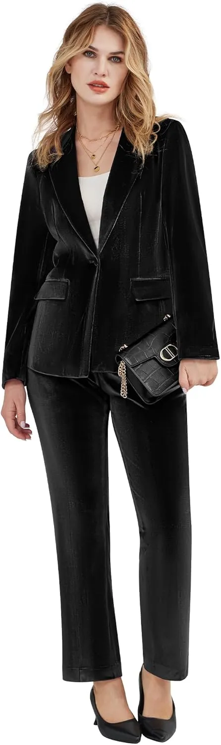 Women's 2 Piece Velvet Suit Notch Lapel One Button Slim Fit Business Party Wedding Tuxedo Blazer Pants Set