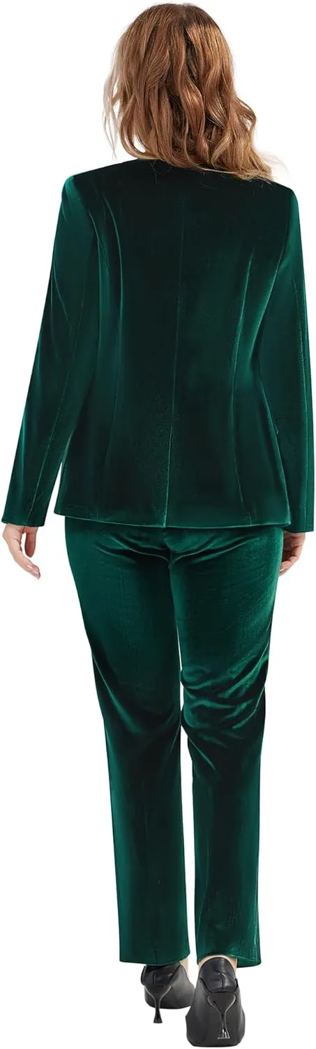 Women's 2 Piece Velvet Suit Notch Lapel One Button Slim Fit Business Party Wedding Tuxedo Blazer Pants Set