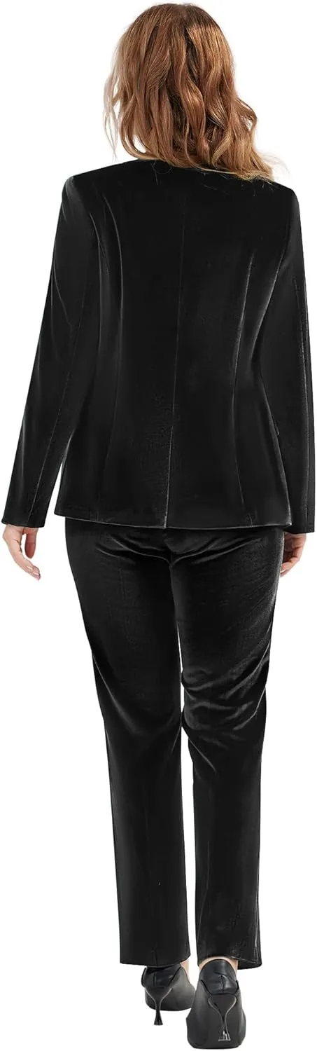 Women's 2 Piece Velvet Suit Notch Lapel One Button Slim Fit Business Party Wedding Tuxedo Blazer Pants Set