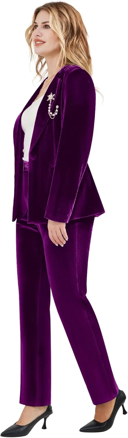 Women's 2 Piece Velvet Suit Notch Lapel One Button Slim Fit Business Party Wedding Tuxedo Blazer Pants Set