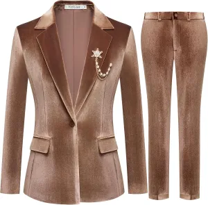 Women's 2 Piece Velvet Suit Notch Lapel One Button Slim Fit Business Party Wedding Tuxedo Blazer Pants Set