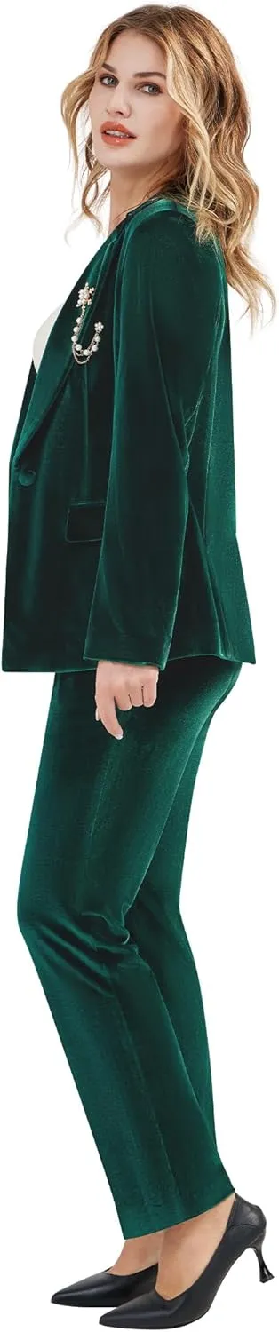 Women's 2 Piece Velvet Suit Notch Lapel One Button Slim Fit Business Party Wedding Tuxedo Blazer Pants Set