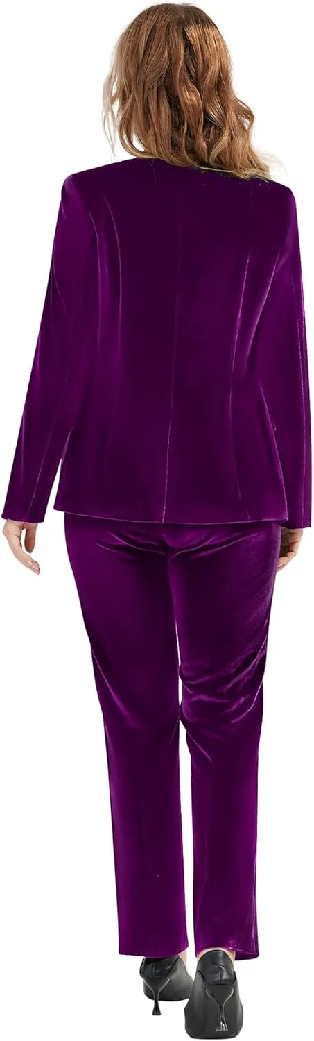 Women's 2 Piece Velvet Suit Notch Lapel One Button Slim Fit Business Party Wedding Tuxedo Blazer Pants Set