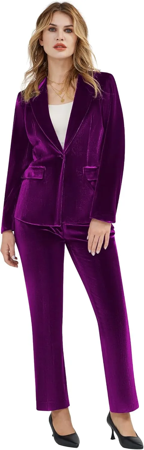 Women's 2 Piece Velvet Suit Notch Lapel One Button Slim Fit Business Party Wedding Tuxedo Blazer Pants Set
