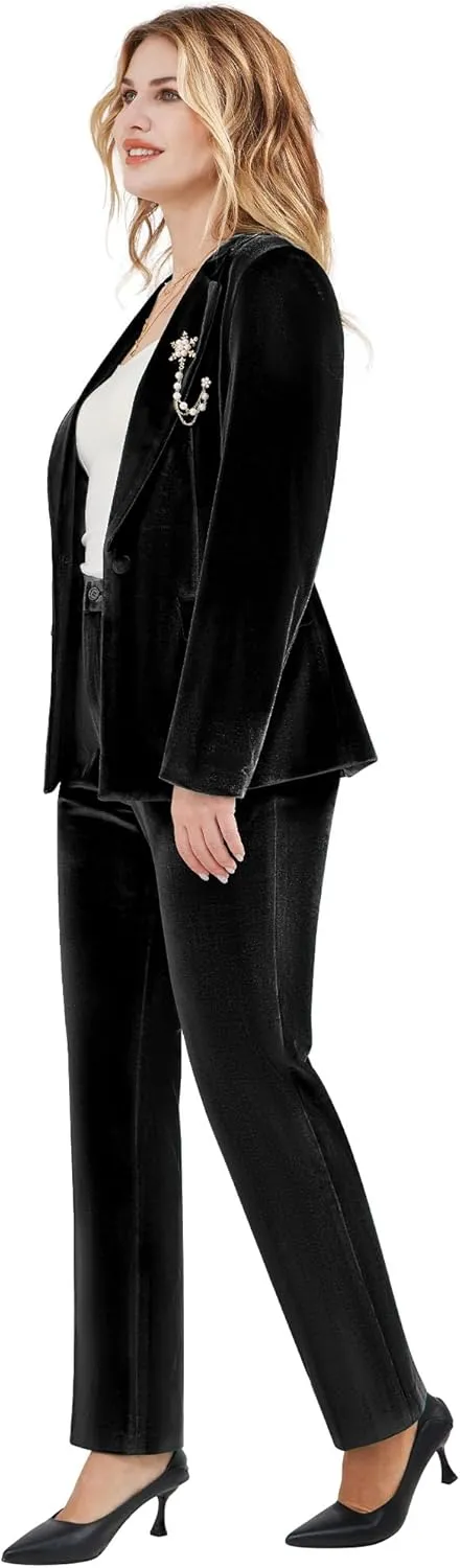 Women's 2 Piece Velvet Suit Notch Lapel One Button Slim Fit Business Party Wedding Tuxedo Blazer Pants Set