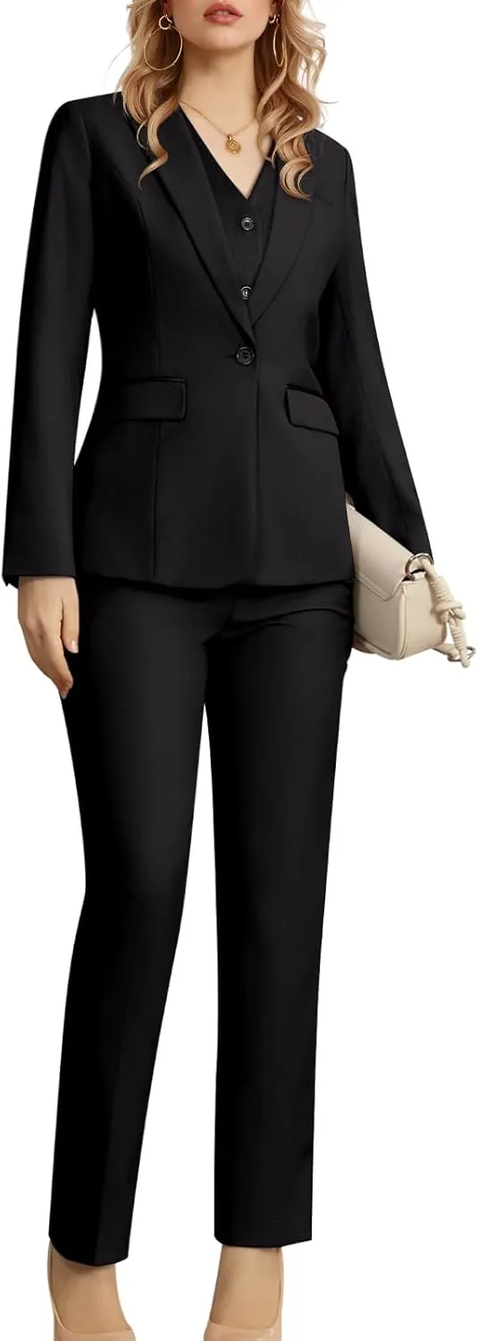 Women's 3 Piece Suit Lady Business Casual Office One Button Slim Fit Blazer Jacket Vest Pants Set