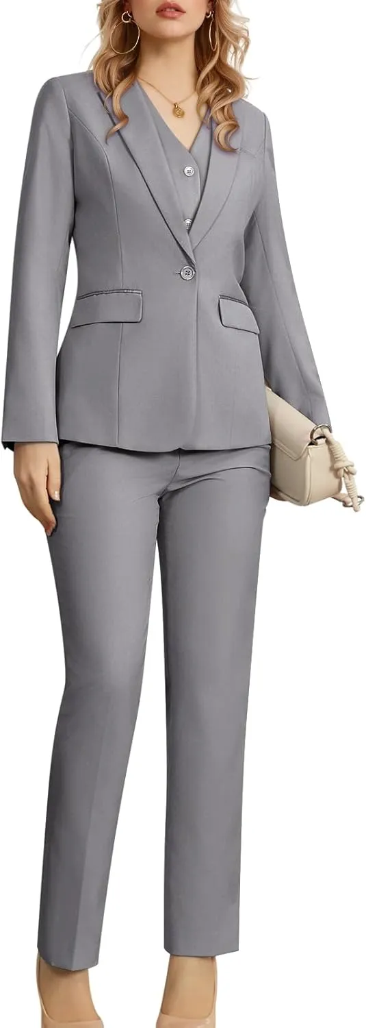 Women's 3 Piece Suit Lady Business Casual Office One Button Slim Fit Blazer Jacket Vest Pants Set
