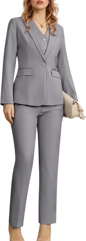 Women's 3 Piece Suit Lady Business Casual Office One Button Slim Fit Blazer Jacket Vest Pants Set