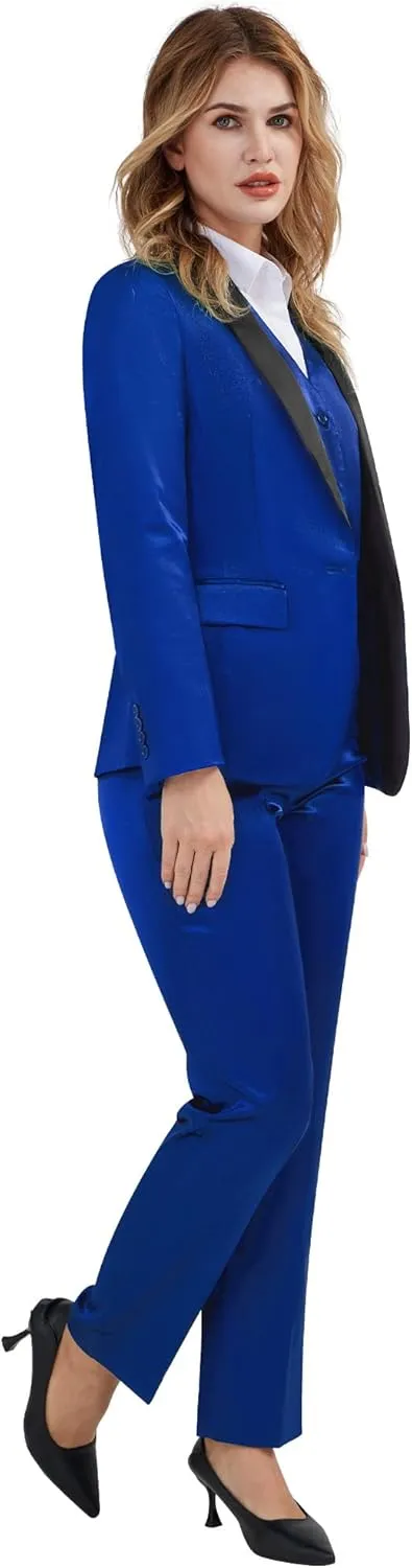 Women's 3 Pieces Satin Suit Black Peak Lapel Fashion Outfits Casual Party Wedding Blazer Jacket Vest Pants Set