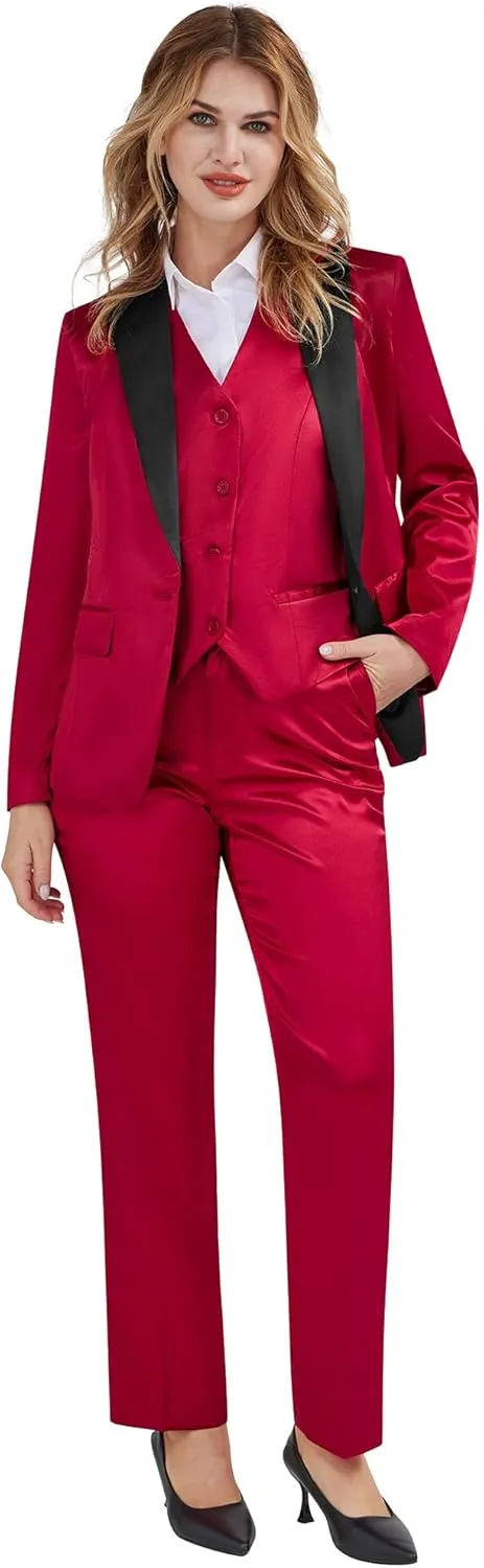 Women's 3 Pieces Satin Suit Black Peak Lapel Fashion Outfits Casual Party Wedding Blazer Jacket Vest Pants Set