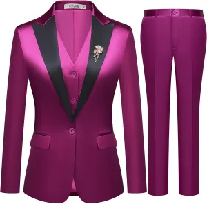 Women's 3 Pieces Satin Suit Black Peak Lapel Fashion Outfits Casual Party Wedding Blazer Jacket Vest Pants Set
