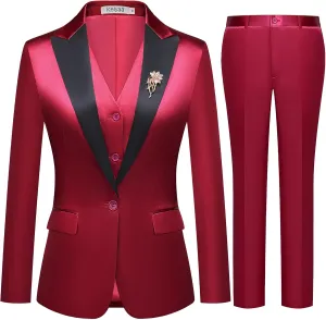 Women's 3 Pieces Satin Suit Black Peak Lapel Fashion Outfits Casual Party Wedding Blazer Jacket Vest Pants Set