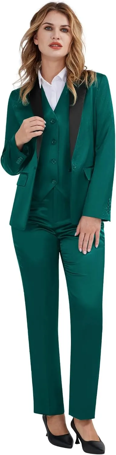 Women's 3 Pieces Satin Suit Black Peak Lapel Fashion Outfits Casual Party Wedding Blazer Jacket Vest Pants Set