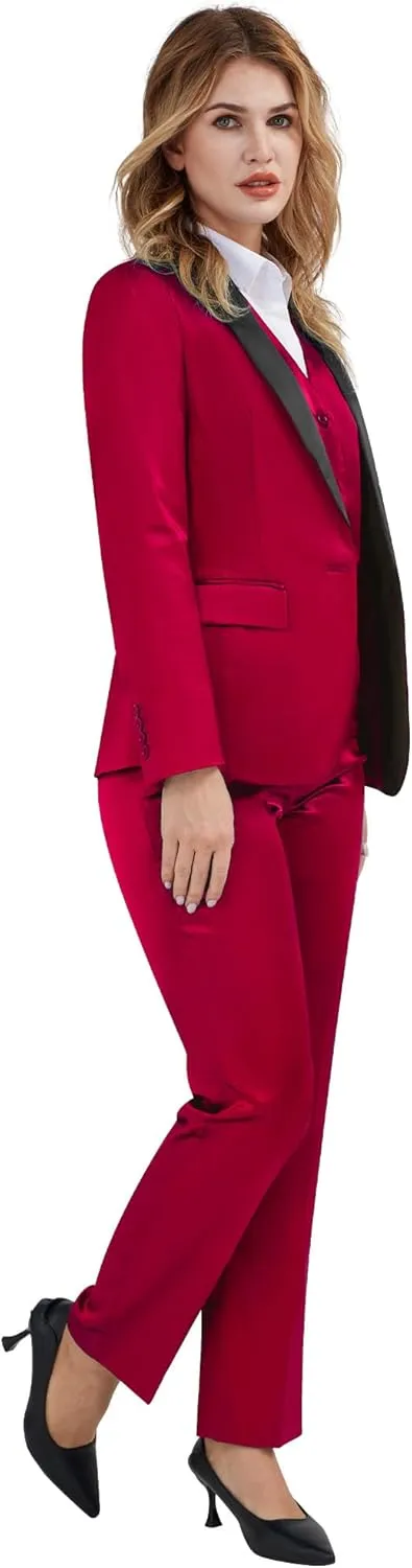 Women's 3 Pieces Satin Suit Black Peak Lapel Fashion Outfits Casual Party Wedding Blazer Jacket Vest Pants Set