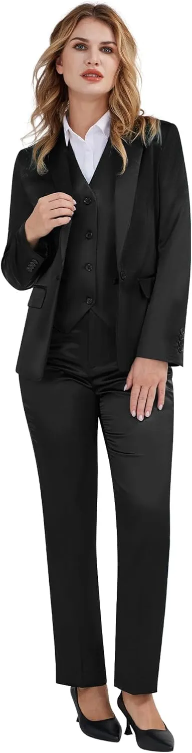 Women's 3 Pieces Satin Suit Black Peak Lapel Fashion Outfits Casual Party Wedding Blazer Jacket Vest Pants Set