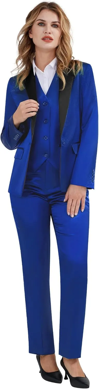 Women's 3 Pieces Satin Suit Black Peak Lapel Fashion Outfits Casual Party Wedding Blazer Jacket Vest Pants Set