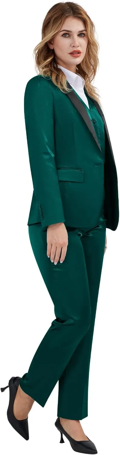 Women's 3 Pieces Satin Suit Black Peak Lapel Fashion Outfits Casual Party Wedding Blazer Jacket Vest Pants Set