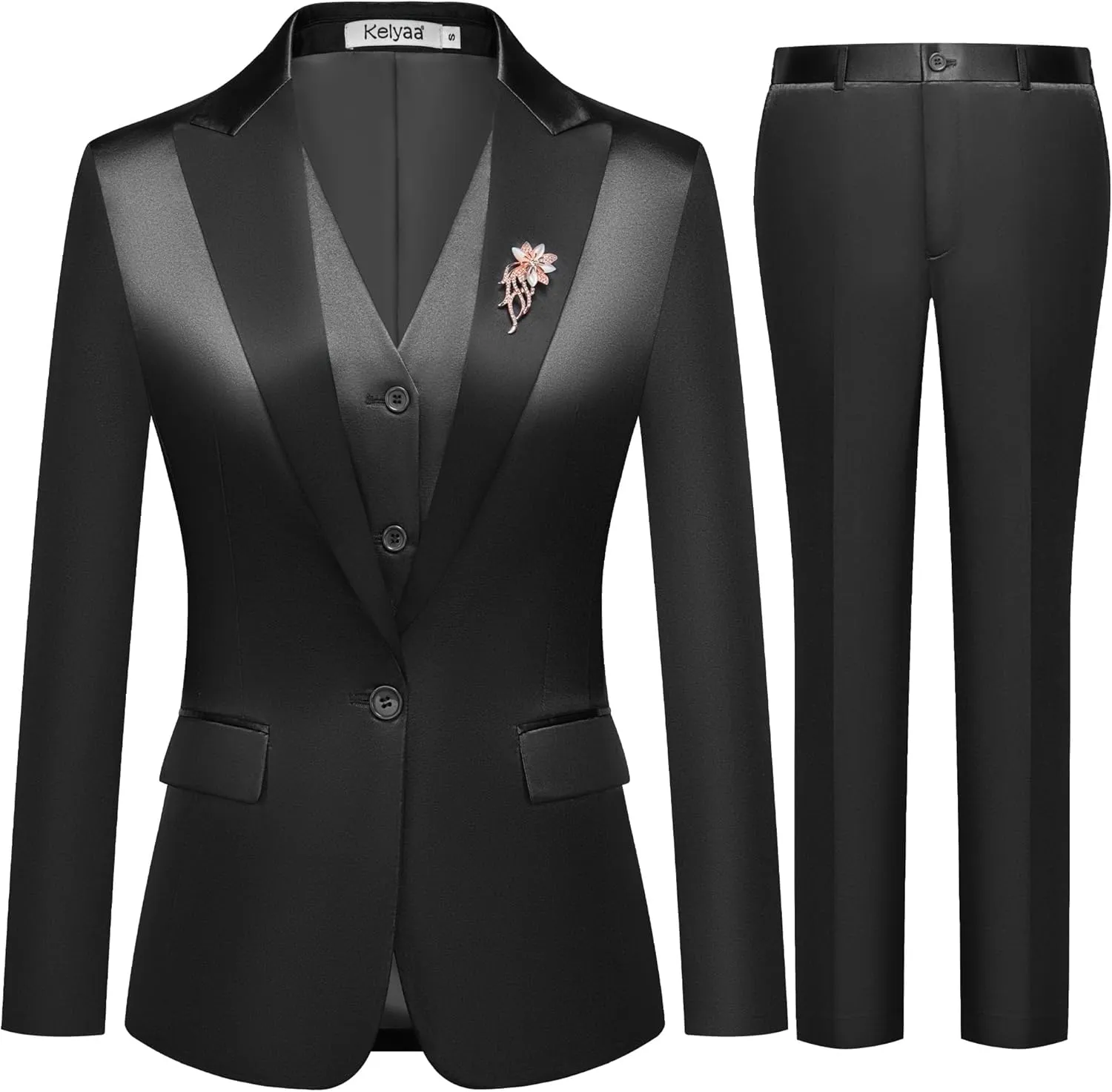 Women's 3 Pieces Satin Suit Black Peak Lapel Fashion Outfits Casual Party Wedding Blazer Jacket Vest Pants Set