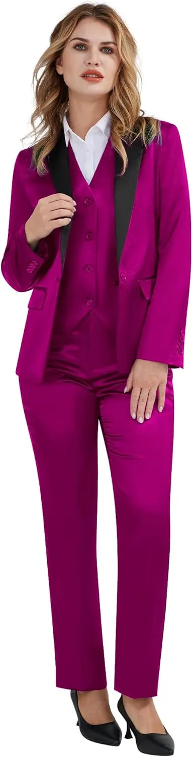 Women's 3 Pieces Satin Suit Black Peak Lapel Fashion Outfits Casual Party Wedding Blazer Jacket Vest Pants Set