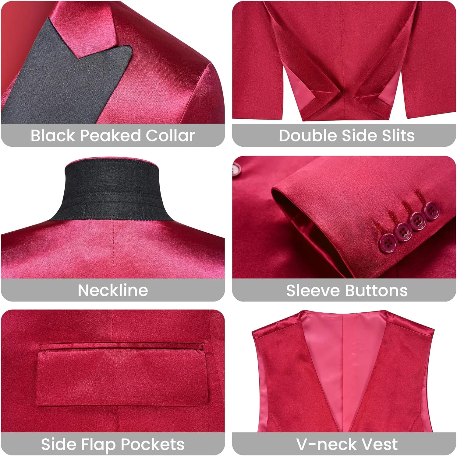 Women's 3 Pieces Satin Suit Black Peak Lapel Fashion Outfits Casual Party Wedding Blazer Jacket Vest Pants Set