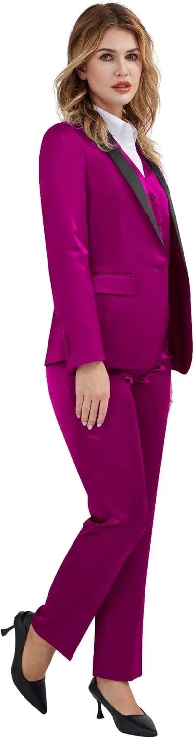 Women's 3 Pieces Satin Suit Black Peak Lapel Fashion Outfits Casual Party Wedding Blazer Jacket Vest Pants Set