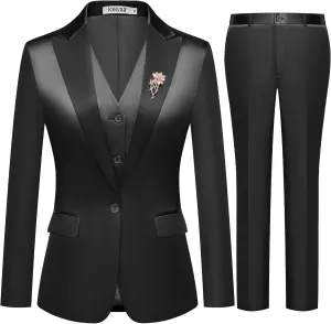 Women's 3 Pieces Satin Suit Black Peak Lapel Fashion Outfits Casual Party Wedding Blazer Jacket Vest Pants Set