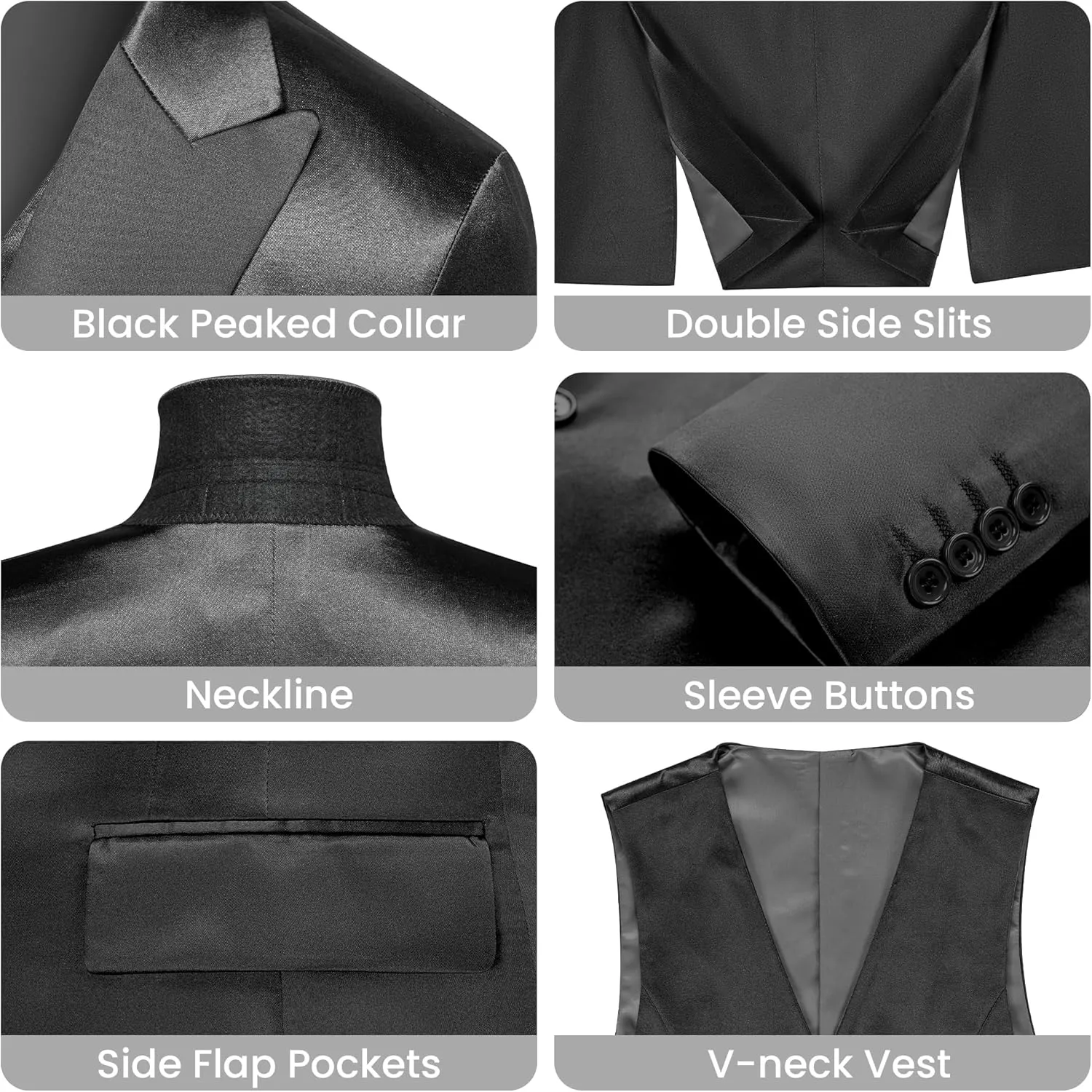 Women's 3 Pieces Satin Suit Black Peak Lapel Fashion Outfits Casual Party Wedding Blazer Jacket Vest Pants Set