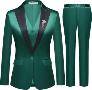 Women's 3 Pieces Satin Suit Black Peak Lapel Fashion Outfits Casual Party Wedding Blazer Jacket Vest Pants Set