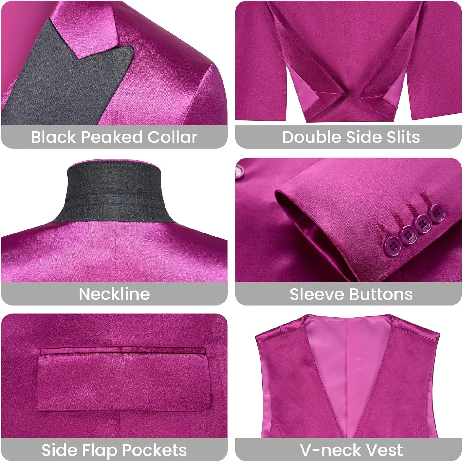 Women's 3 Pieces Satin Suit Black Peak Lapel Fashion Outfits Casual Party Wedding Blazer Jacket Vest Pants Set