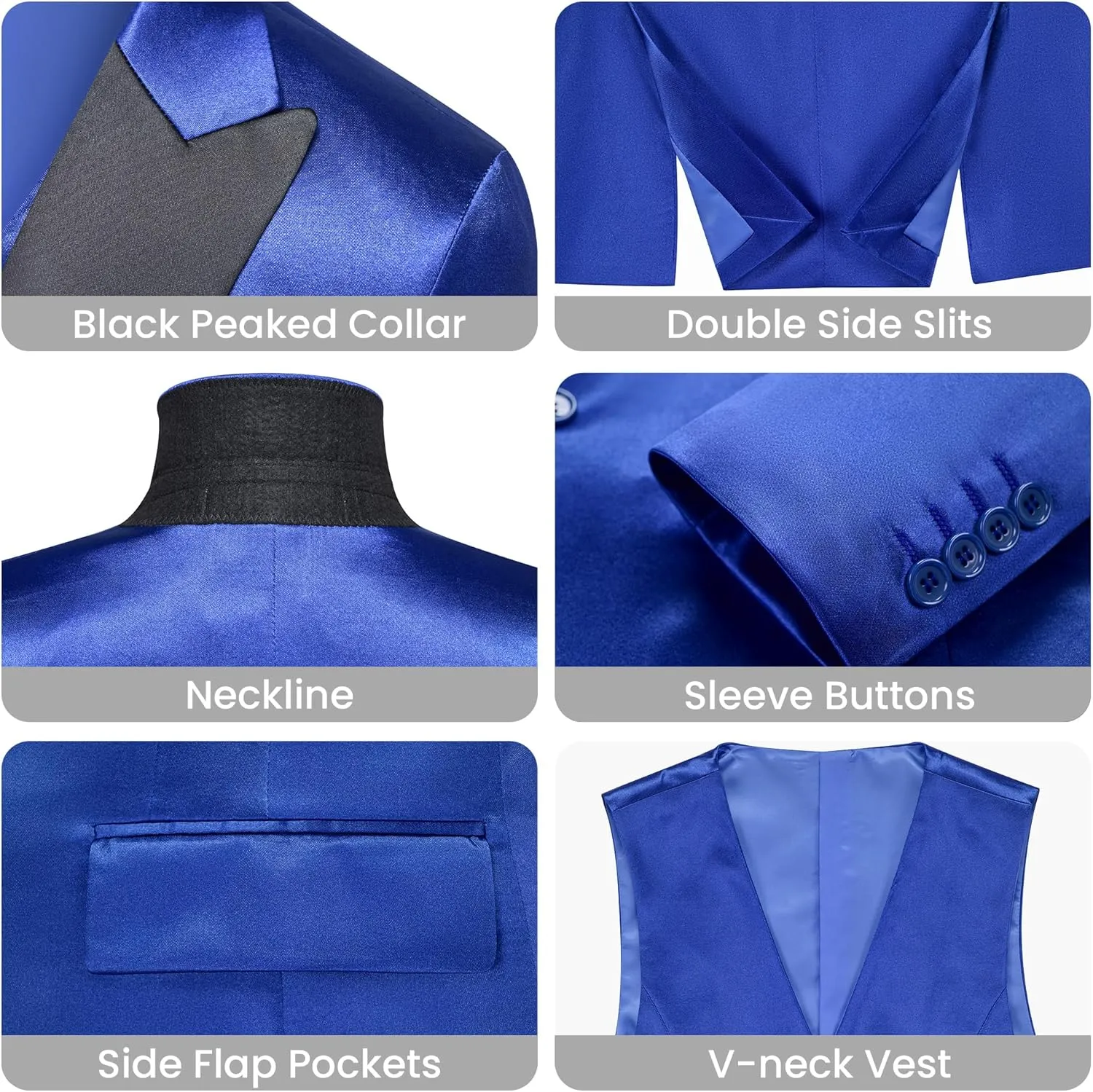 Women's 3 Pieces Satin Suit Black Peak Lapel Fashion Outfits Casual Party Wedding Blazer Jacket Vest Pants Set
