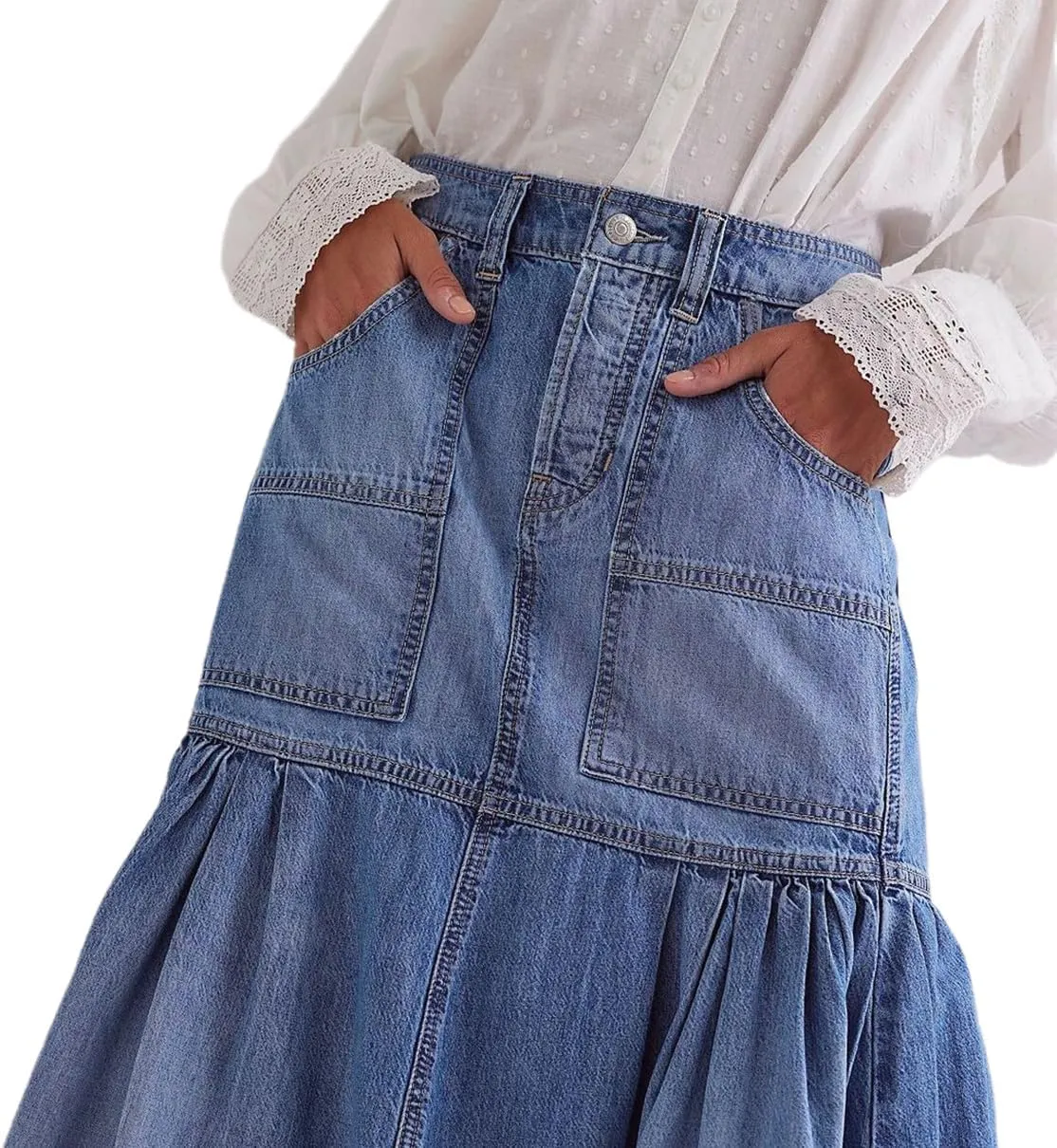 Women's 90s Vintage Denim Skirt Casual High Waisted A-Line Pleated Skirt Y2k Long Jean Skirt Streetwear