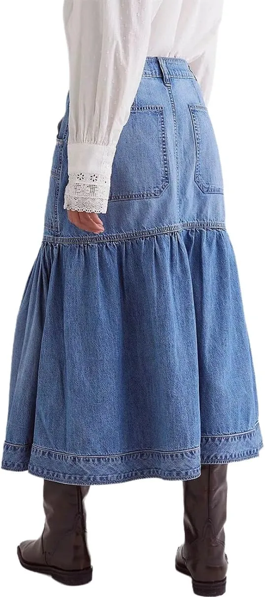 Women's 90s Vintage Denim Skirt Casual High Waisted A-Line Pleated Skirt Y2k Long Jean Skirt Streetwear