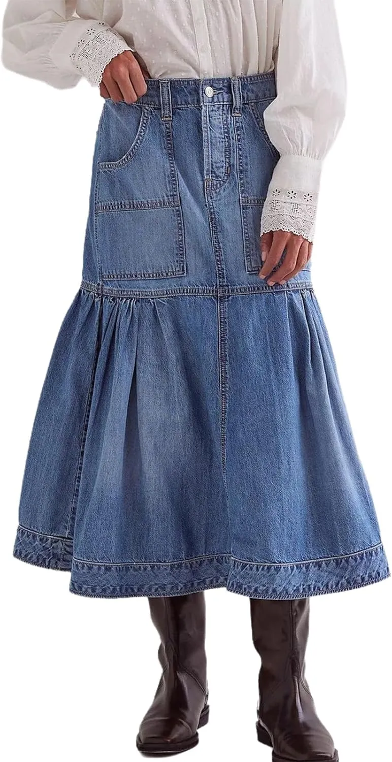 Women's 90s Vintage Denim Skirt Casual High Waisted A-Line Pleated Skirt Y2k Long Jean Skirt Streetwear