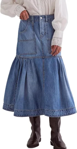 Women's 90s Vintage Denim Skirt Casual High Waisted A-Line Pleated Skirt Y2k Long Jean Skirt Streetwear