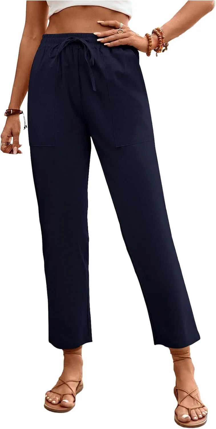 Womens Baggy Wide Leg Pants High Waist Adjustable Cotton Linen Lounge Beach Summer Trousers with Pockets