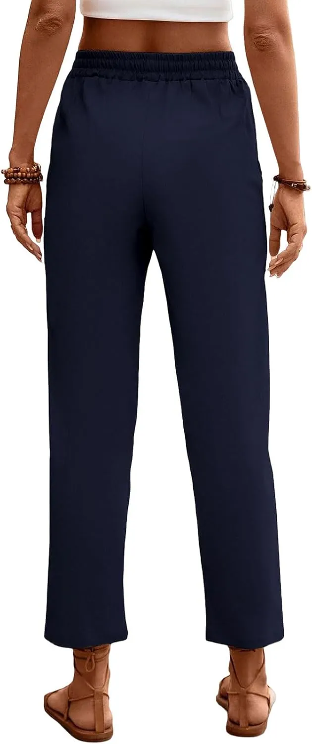 Womens Baggy Wide Leg Pants High Waist Adjustable Cotton Linen Lounge Beach Summer Trousers with Pockets