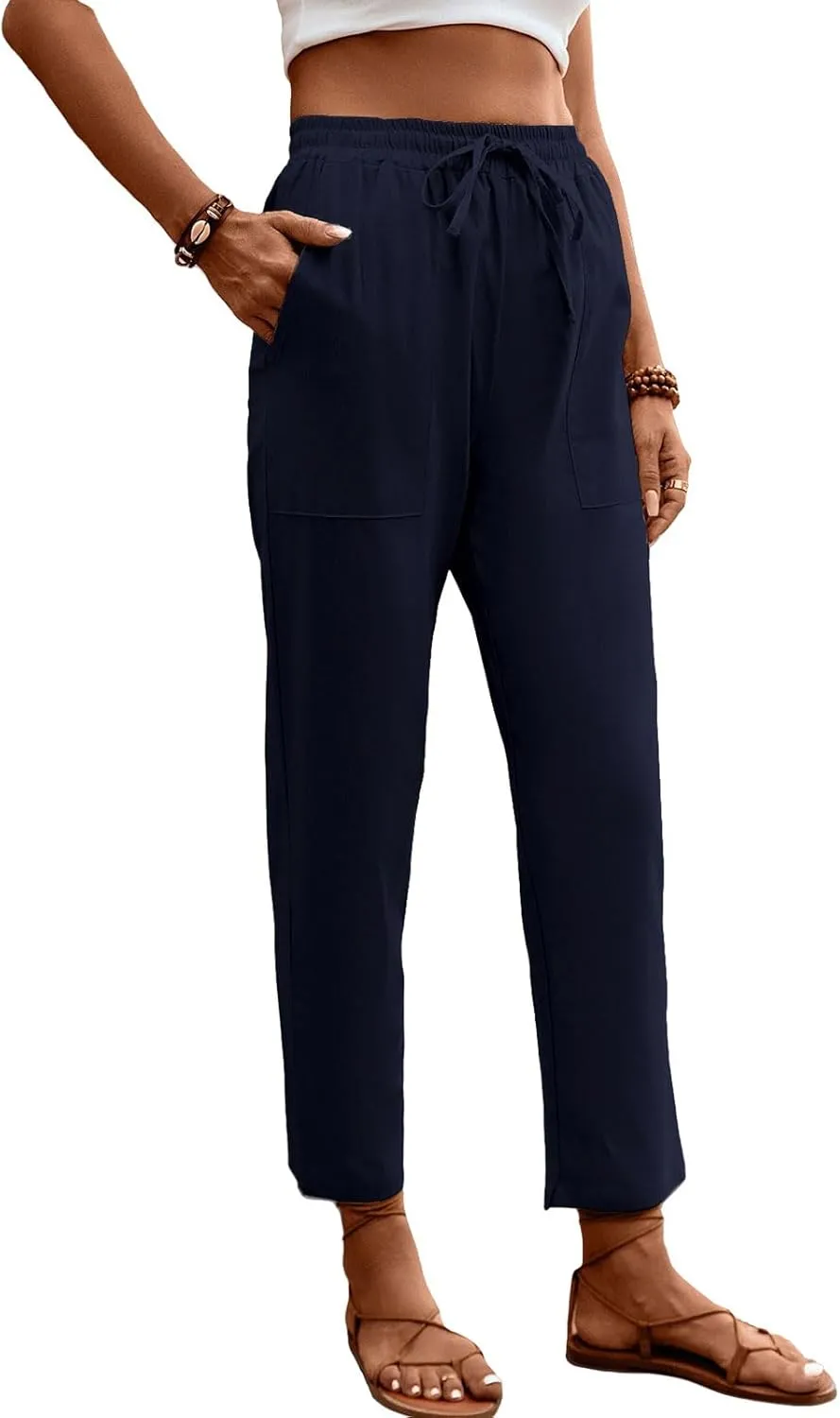 Womens Baggy Wide Leg Pants High Waist Adjustable Cotton Linen Lounge Beach Summer Trousers with Pockets