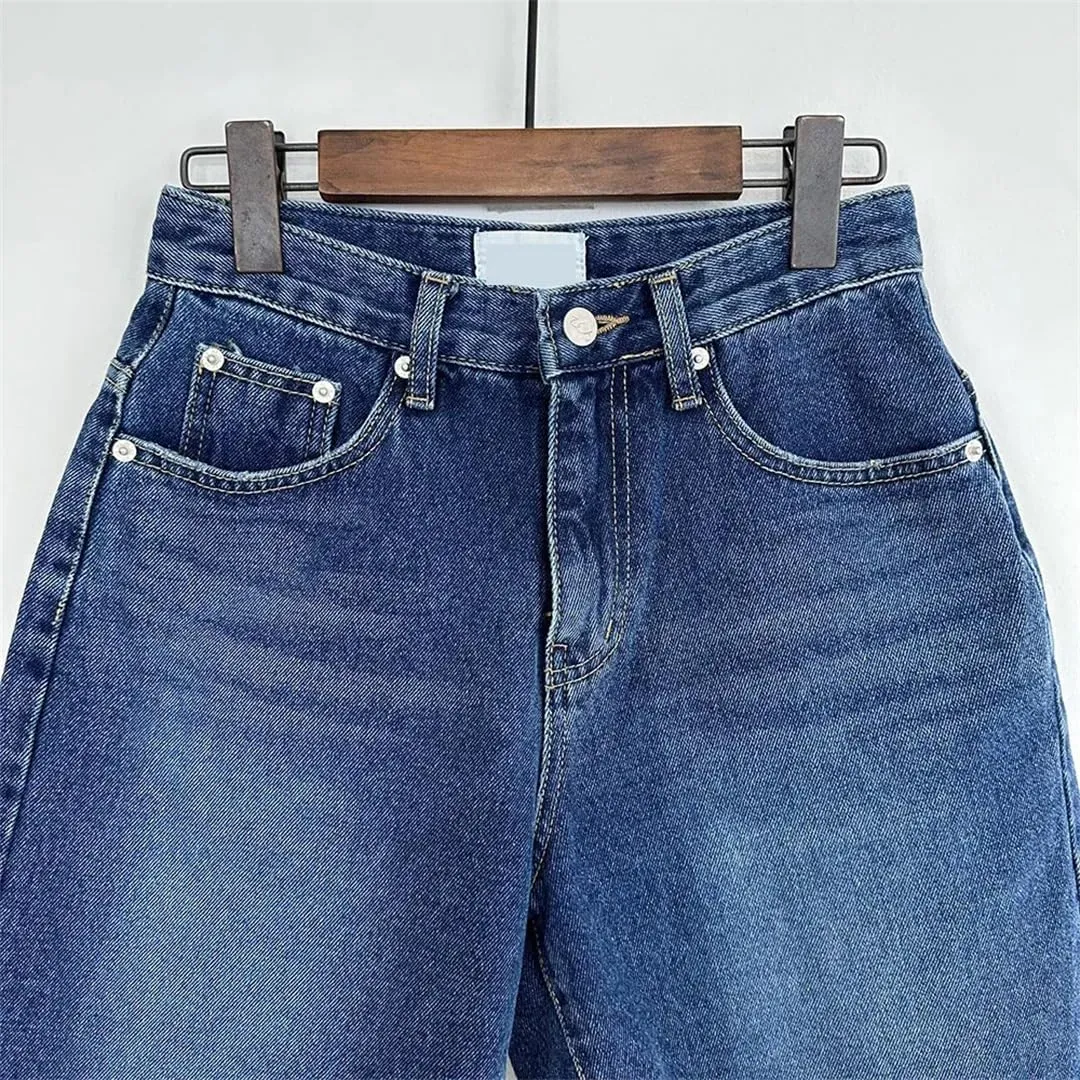 Women's Blue Pocket Straight Jeans, High Waist Button Street Style Harem Pants