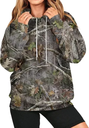 Women's Camo Hoodie Maple-Leaf Print Oversized Sweatshirt Fleece Hooded Sweatshirts with Pocket Classic Pullovers