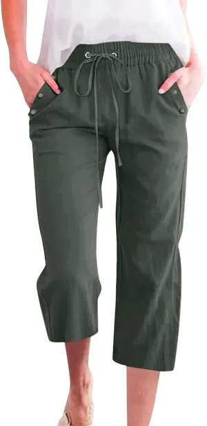 Women's Capri Pants Elastic High Waisted Cotton Linen Capris Casual Summer Loose Wide Leg Cropped Trouser with Pockets