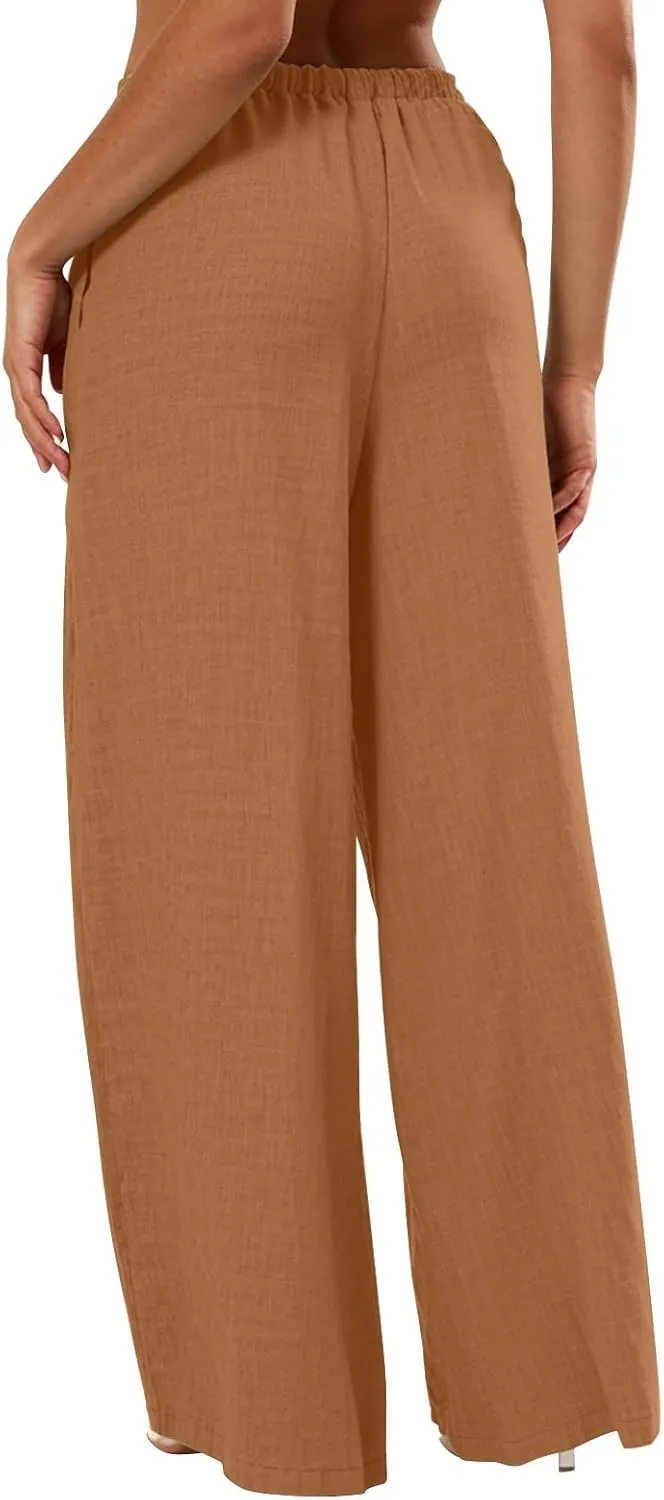 Womens Cargo Pants, White Pants Women Linen Cotton Work Palazzo Trousers Straight Leg Summer High Waisted