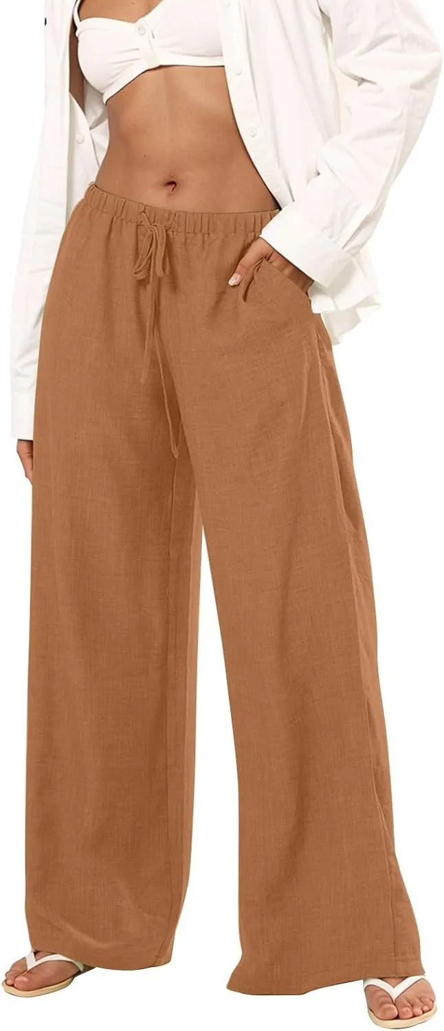 Womens Cargo Pants, White Pants Women Linen Cotton Work Palazzo Trousers Straight Leg Summer High Waisted