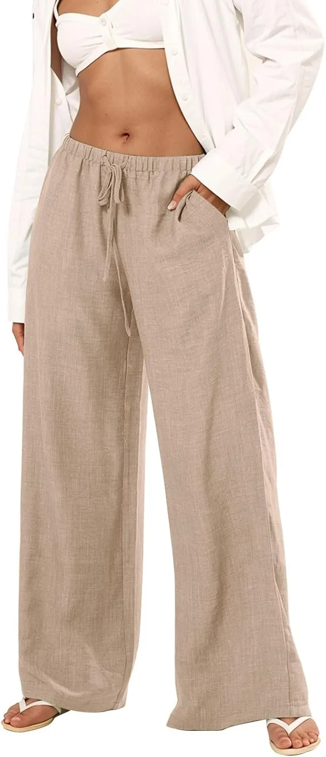 Womens Cargo Pants, White Pants Women Linen Cotton Work Palazzo Trousers Straight Leg Summer High Waisted