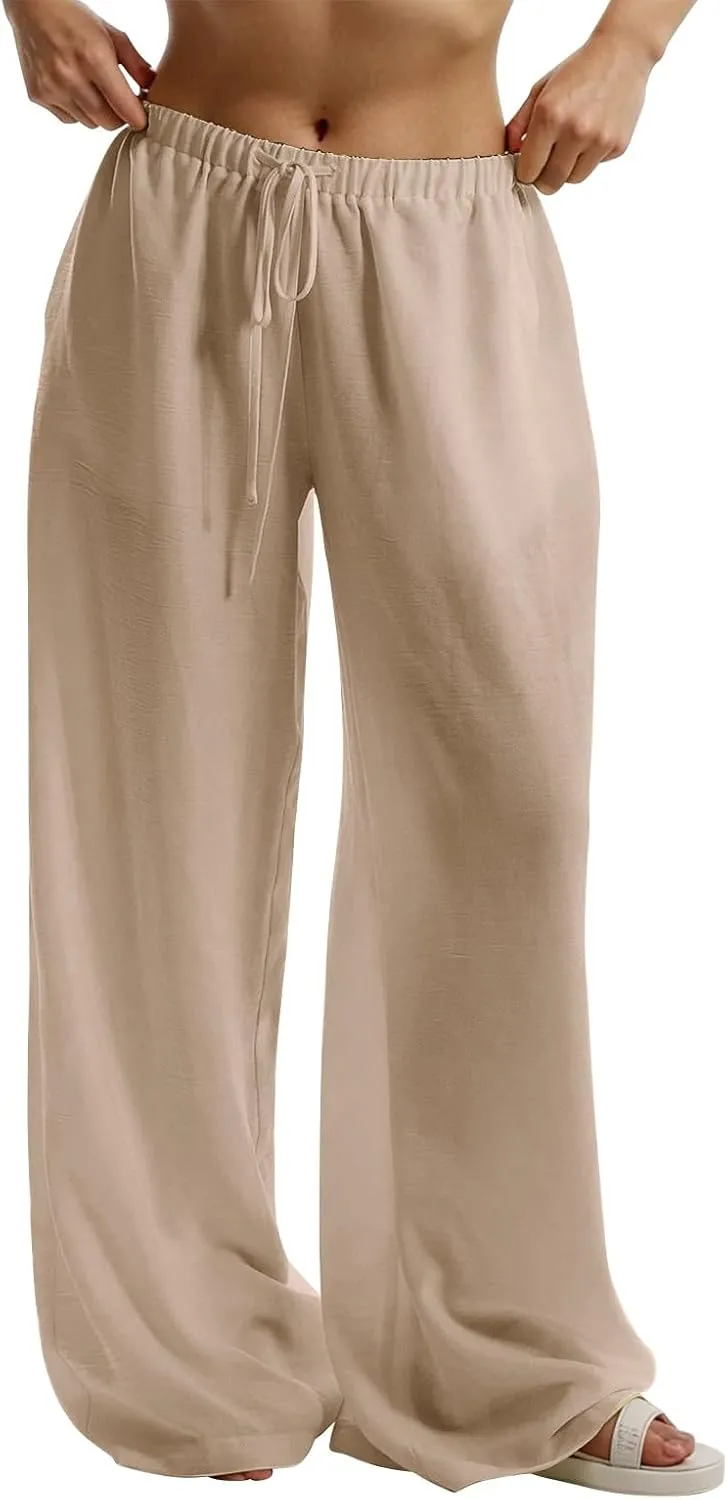 Womens Cargo Pants, White Pants Women Linen Cotton Work Palazzo Trousers Straight Leg Summer High Waisted