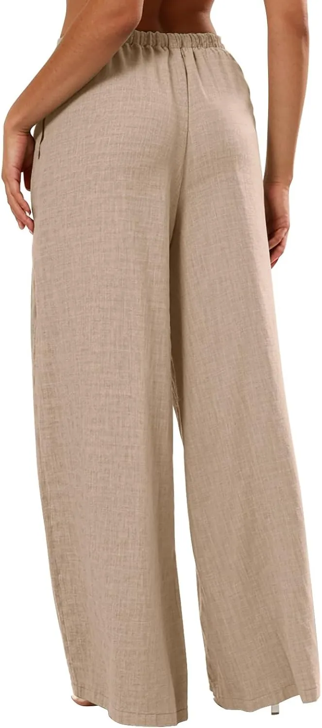 Womens Cargo Pants, White Pants Women Linen Cotton Work Palazzo Trousers Straight Leg Summer High Waisted